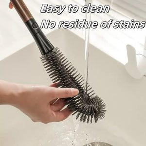 2 in 1 Cleaning Brush with a brown wooden handle and black bristles, featuring a long flexible brush head and rounded tip