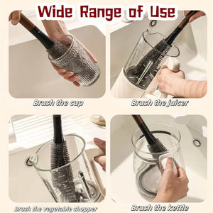 2 in 1 Cleaning Brush with a wooden handle and dark bristles cleaning a cup, juicer, vegetable chopper and kettle