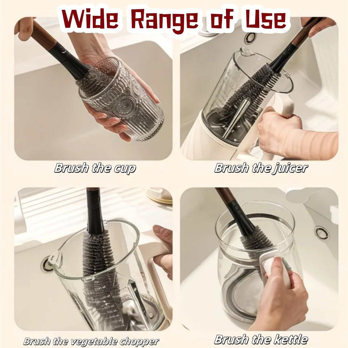2 in 1 Cleaning Brush with a wooden handle and dark bristles cleaning a cup, juicer, vegetable chopper and kettle