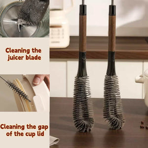 2 in 1 Cleaning Brush with dark bristles, wooden handles and detachable small gap brush for cleaning cups and juicer blades