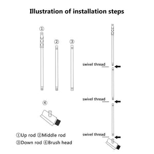 2 in 1 Floor Brush assembly diagram showing three handle rods joined by swivel threads and a detachable angled brush head.