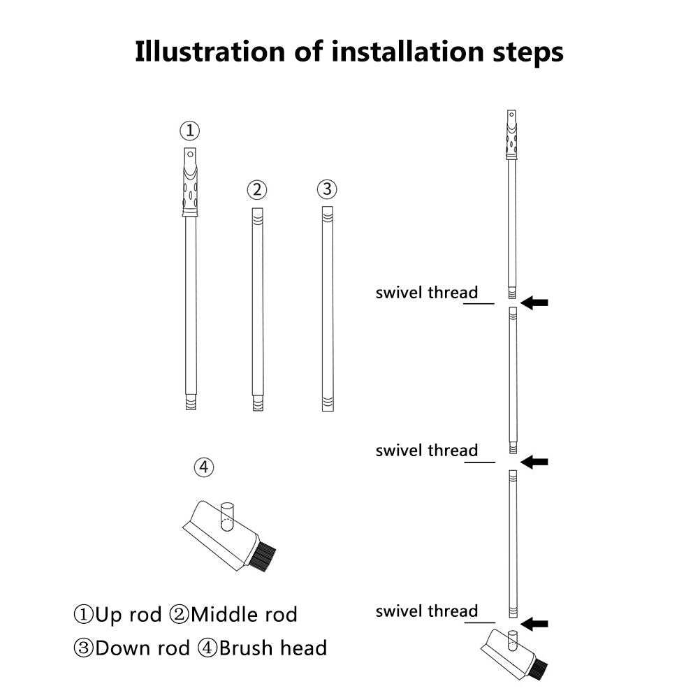 2 in 1 Floor Brush assembly diagram showing three handle rods joined by swivel threads and a detachable angled brush head.