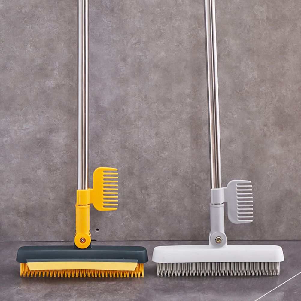2 in 1 Floor Brush with a long stainless steel handle and wide scrub head, shown in black and yellow and white