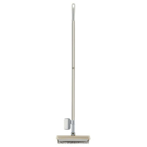 2 in 1 Floor Brush with a long silver metal handle and a white angled head featuring grey scraper and bristles