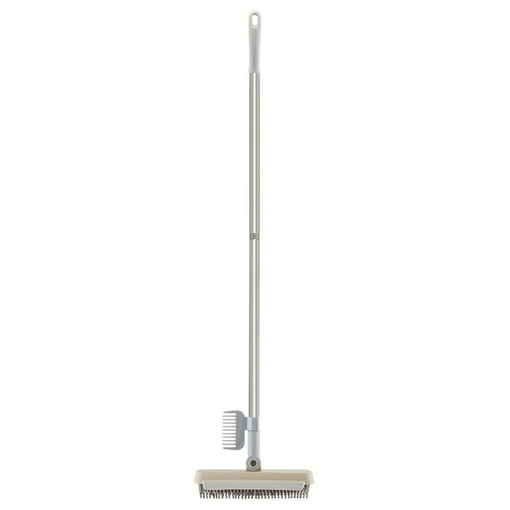 2 in 1 Floor Brush with a long silver metal handle and a white angled head featuring grey scraper and bristles