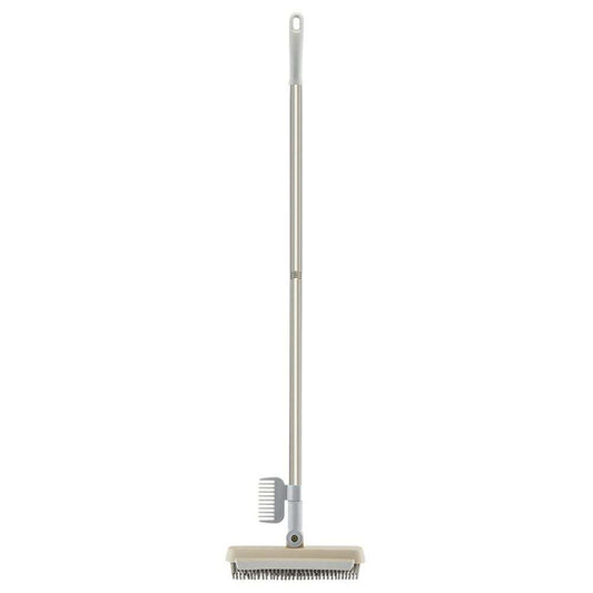 2 in 1 Floor Brush with a long silver metal handle and a white angled head featuring grey scraper and bristles