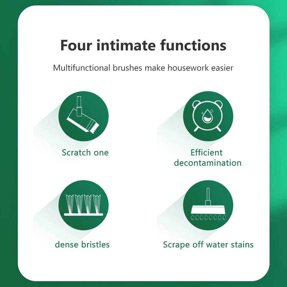 2 in 1 Floor Brush with a flat white head and dense silicone bristles, shown in a four-function cleaning infographic
