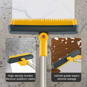 2 in 1 Floor Brush with yellow bristles, a dark grey scraper edge, and a long silver metal handle