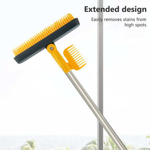 2 in 1 Floor Brush with bright yellow stiff bristles, dark gray head, silver metal handle, and hinged scraper comb