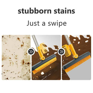 2 in 1 Floor Brush with a yellow and dark gray head, orange bristles and a silver handle, shown scrubbing stains