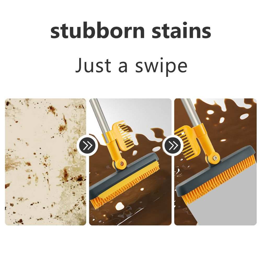 2 in 1 Floor Brush with a yellow and dark gray head, orange bristles and a silver handle, shown scrubbing stains