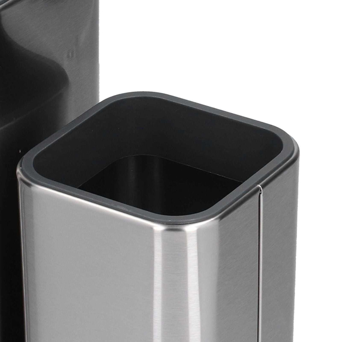 2 in 1 Knife Holder utensil container in brushed silver stainless steel with a black rim and open rectangular compartment