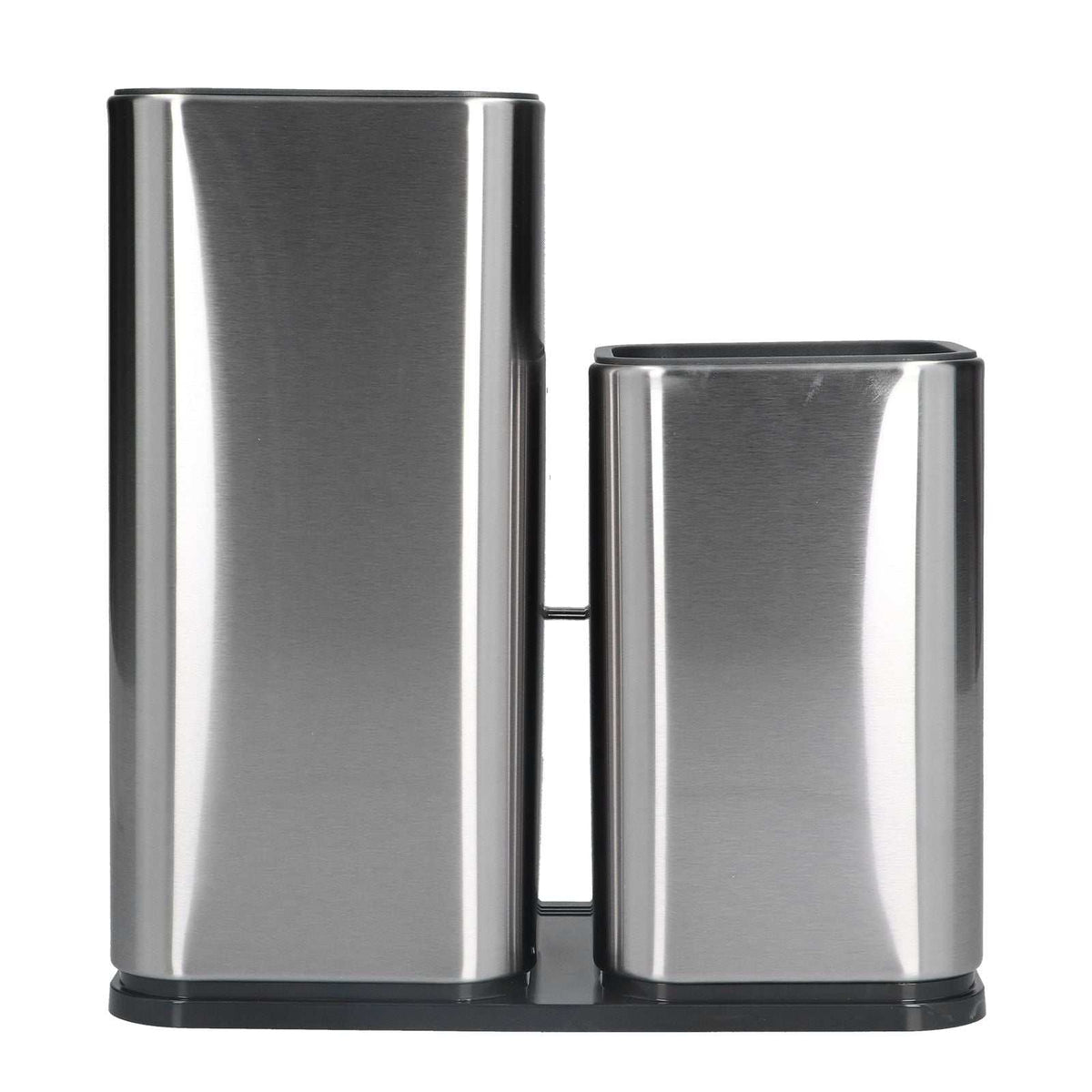 2 in 1 Knife Holder with two brushed stainless steel compartments, rectangular forms, and a black base