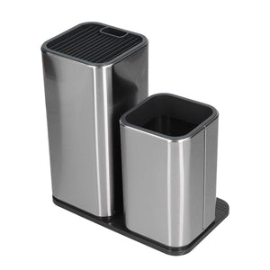 2 in 1 Knife Holder in brushed silver stainless steel, with black parallel knife slots and a matching utensil cup