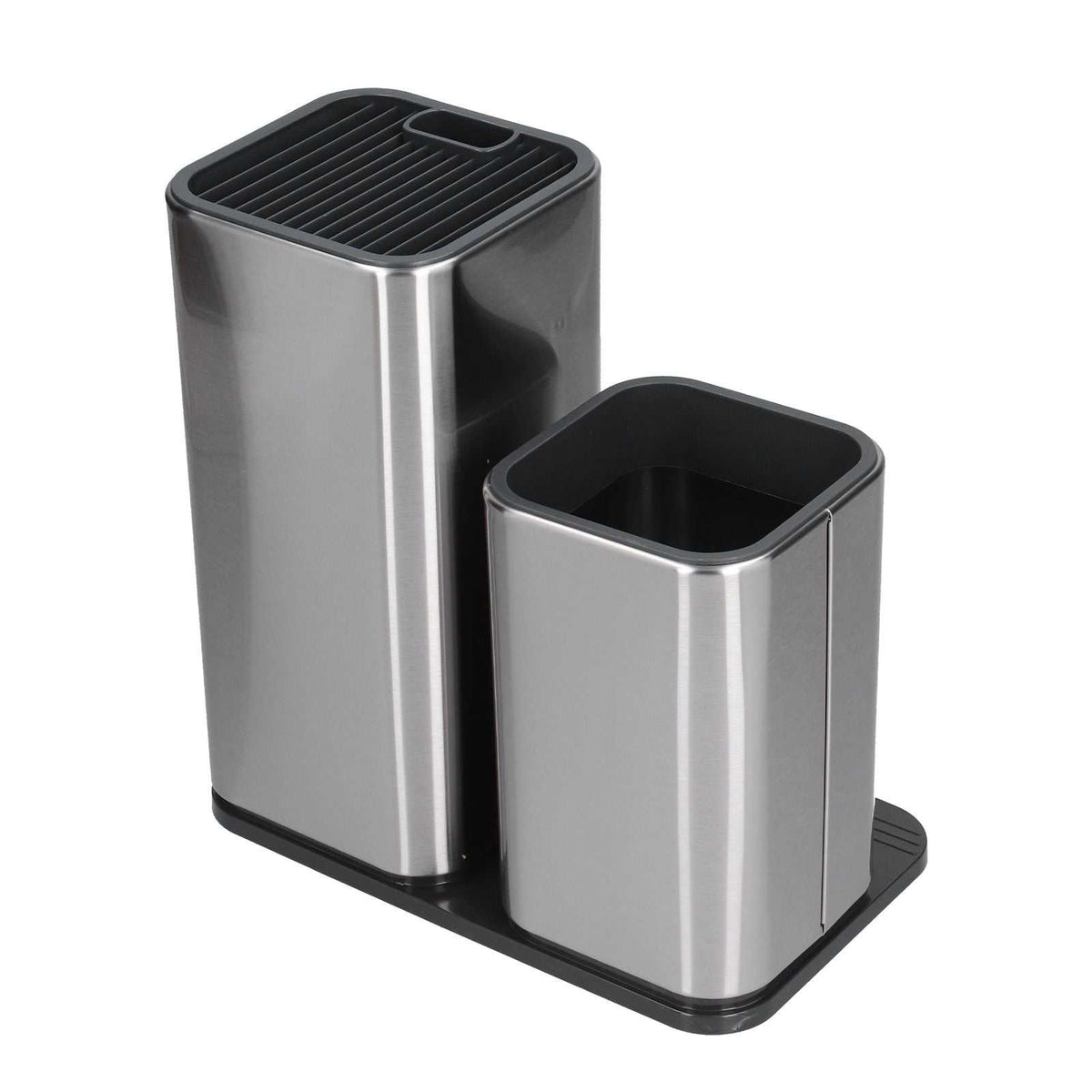 2 in 1 Knife Holder in brushed silver stainless steel, with black parallel knife slots and a matching utensil cup