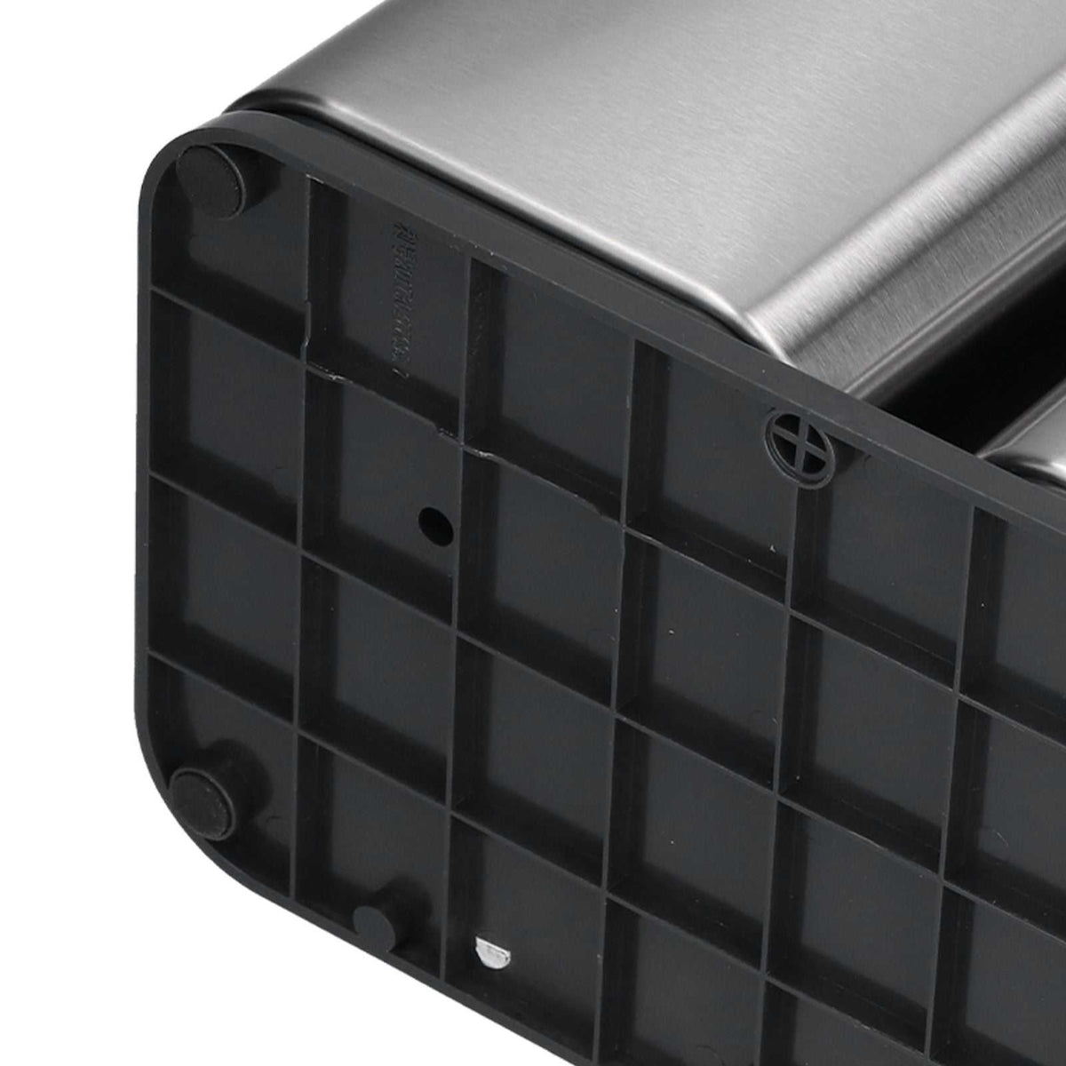 2 in 1 Knife Holder with a brushed stainless steel body and black plastic base featuring a raised grid and rubber feet