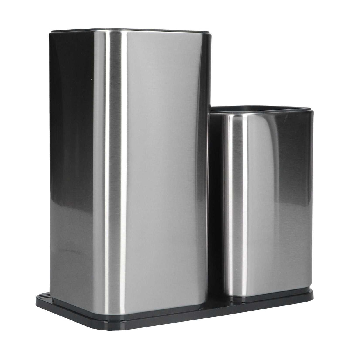 2 in 1 Knife Holder in polished stainless steel with two rectangular storage compartments on a black base