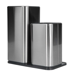 2 in 1 Knife Holder with two rectangular stainless steel compartments, brushed silver fronts, black sides and base