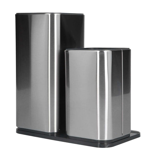 2 in 1 Knife Holder with two rectangular stainless steel compartments, brushed silver fronts, black sides and base