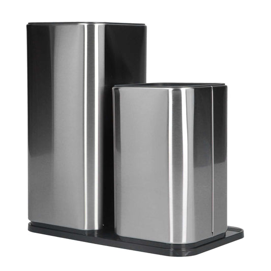 2 in 1 Knife Holder with two rectangular stainless steel compartments, brushed silver fronts, black sides and base