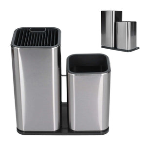 2 in 1 Knife Holder in brushed stainless steel with black trim, featuring a grooved knife block and open utensil cup