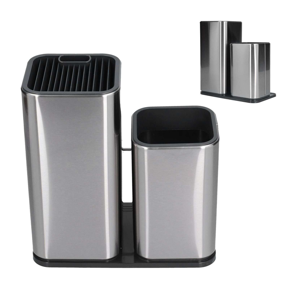 2 in 1 Knife Holder in brushed stainless steel with black trim, featuring a grooved knife block and open utensil cup
