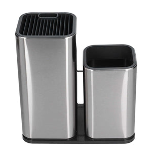 2 in 1 Knife Holder in brushed stainless steel with black trim, featuring a grooved knife rack and separate utensil container