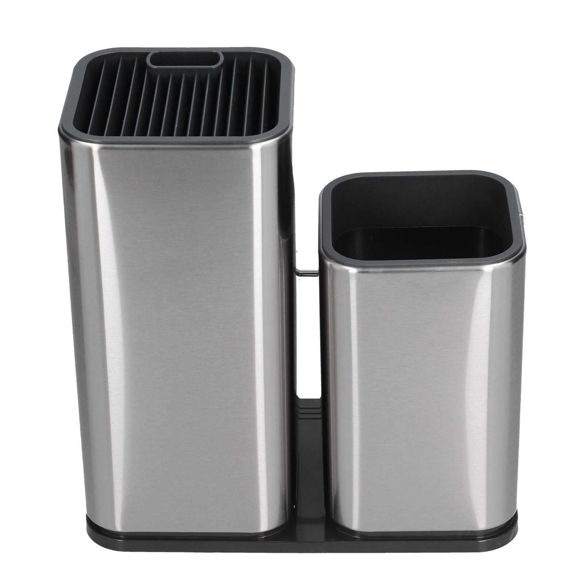 2 in 1 Knife Holder in brushed stainless steel with black trim, featuring a grooved knife rack and separate utensil container