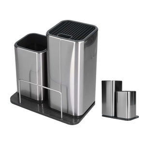 2 in 1 Knife Holder in brushed stainless steel, with black grooved knife slots, utensil cup and upright board divider