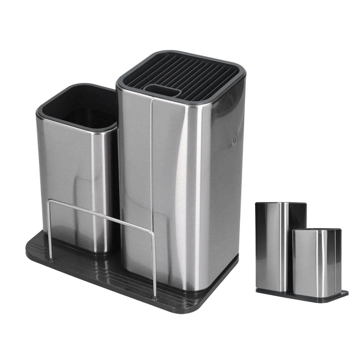 2 in 1 Knife Holder in brushed stainless steel, with black grooved knife slots, utensil cup and upright board divider