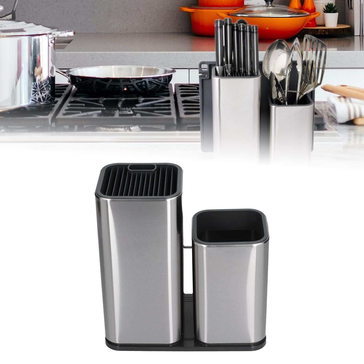 2 in 1 Knife Holder in brushed stainless steel with two rectangular compartments, black grooved knife slots and a utensil bucket
