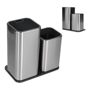 2 in 1 Knife Holder in brushed stainless steel with black trim, grooved knife slots and a separate utensil container