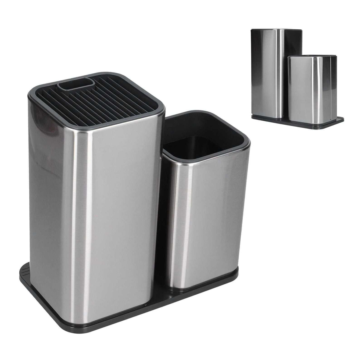 2 in 1 Knife Holder in brushed stainless steel with black trim, grooved knife slots and a separate utensil container