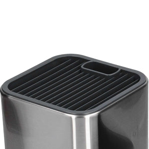 2 in 1 Knife Holder in brushed stainless steel with black top and parallel knife slots, plus a small utensil compartment