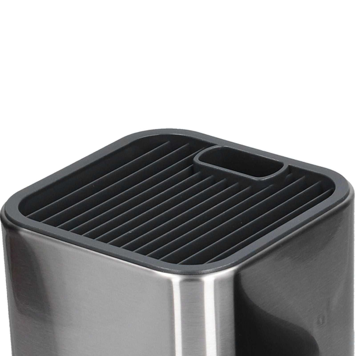 2 in 1 Knife Holder in brushed stainless steel with black top and parallel knife slots, plus a small utensil compartment