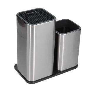 2 in 1 Knife Holder in brushed stainless steel with black parallel knife slots and a separate open utensil bucket