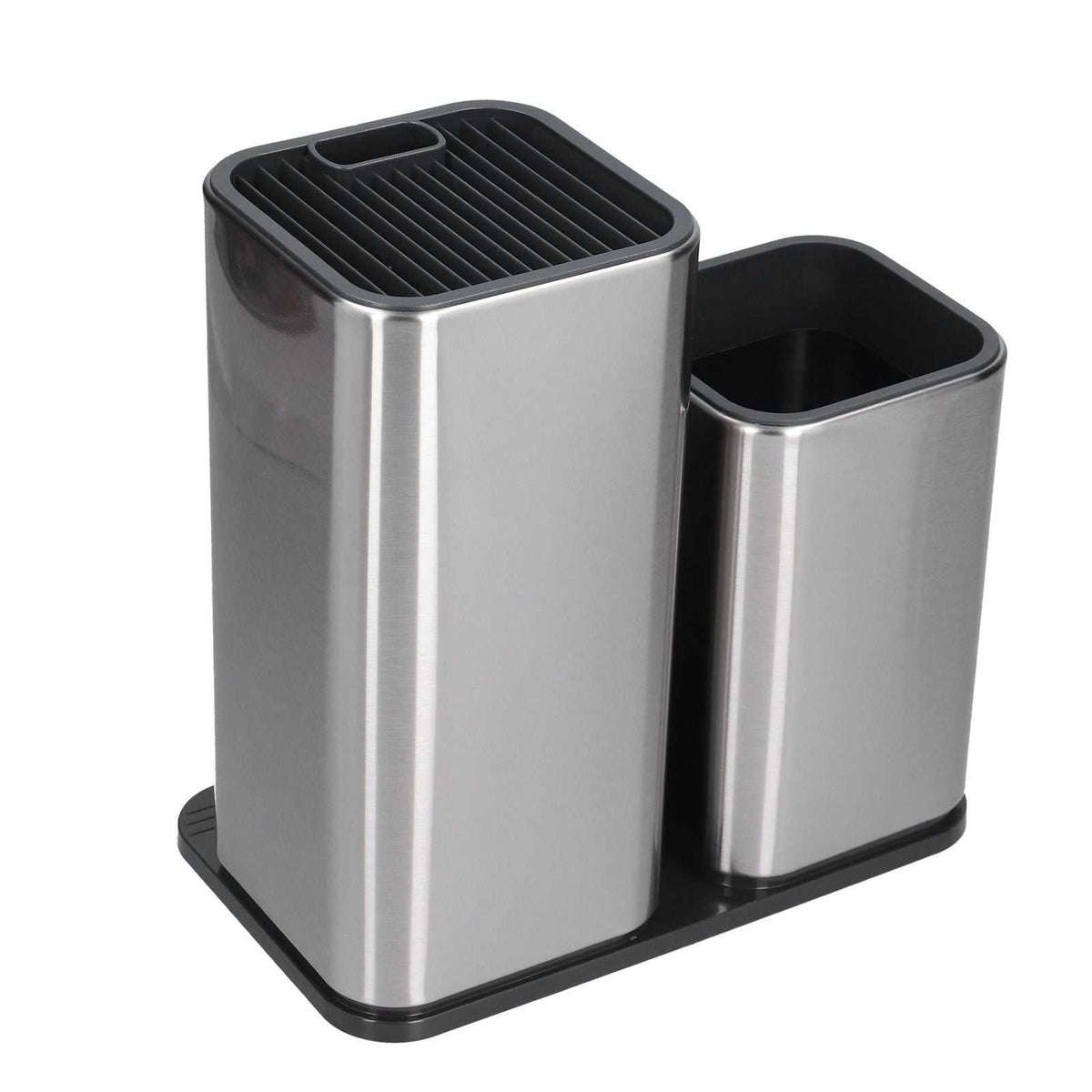 2 in 1 Knife Holder in brushed stainless steel with black parallel knife slots and a separate open utensil bucket