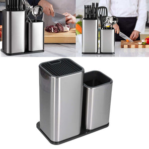 2 in 1 Knife Holder with brushed stainless steel knife block and separate utensil bucket on a black base