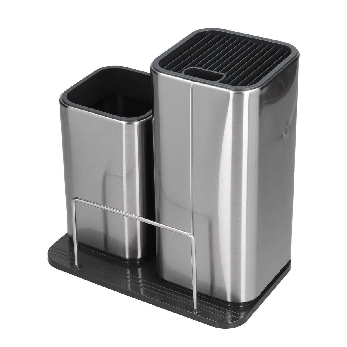 2 in 1 Knife Holder in stainless steel with black slotted knife rack, utensil cup and front board support