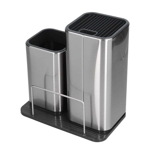 2 in 1 Knife Holder in stainless steel with black slotted knife rack, utensil cup and front board support