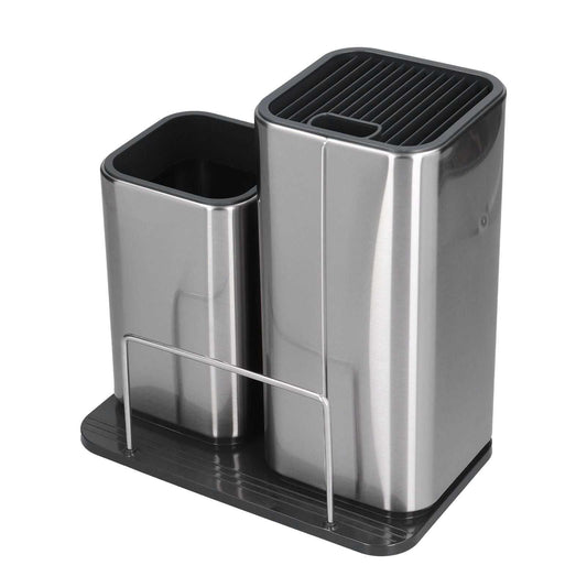 2 in 1 Knife Holder in stainless steel with black slotted knife rack, utensil cup and front board support