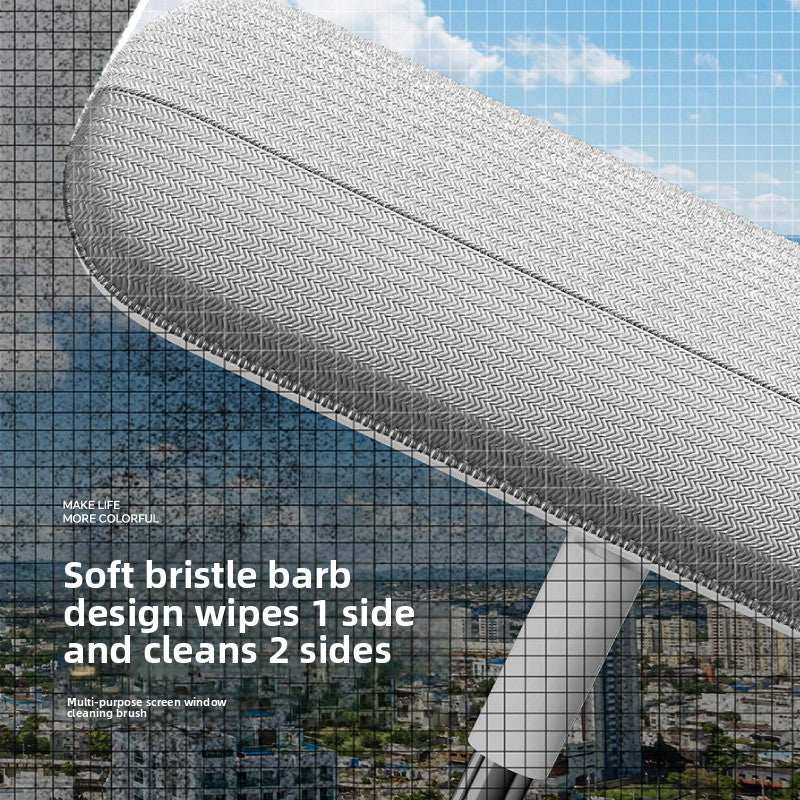 2-in-1 Window Fly Screen Cleaner with a white textured brush head and gray handle, featuring soft bristles