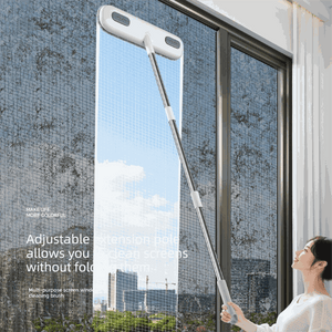 2-in-1 Window Fly Screen Cleaner with a white rectangular brush head and silver extendable pole cleaning mesh