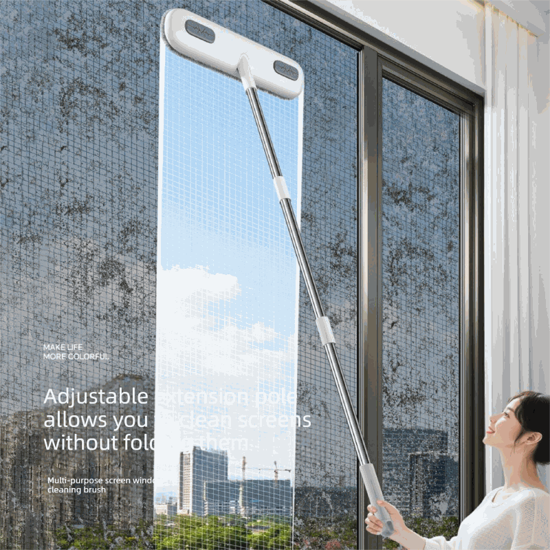 2-in-1 Window Fly Screen Cleaner with a white rectangular brush head and silver extendable pole cleaning mesh