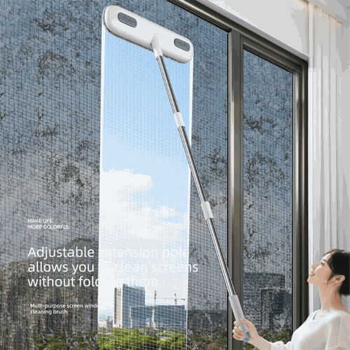 2-in-1 Window Fly Screen Cleaner with a white rectangular brush head and silver extendable pole cleaning mesh