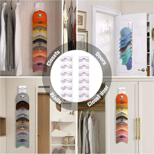2-Pack 10-Tier Black Wall-Mounted Hat Rack shown holding colourful baseball caps vertically on doors, walls and closets