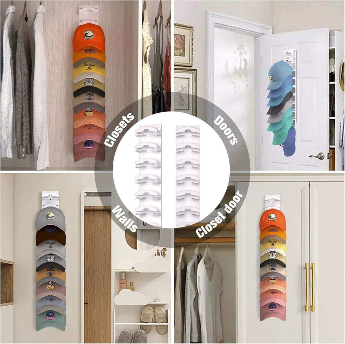 2-Pack 10-Tier Black Wall-Mounted Hat Rack shown holding colourful baseball caps vertically on doors, walls and closets