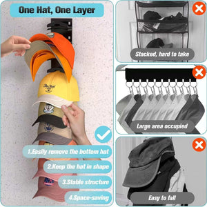 2-Pack 10-Tier Black Wall-Mounted Hat Rack shown holding colourful baseball caps in separate tiers for easy access and shape retention