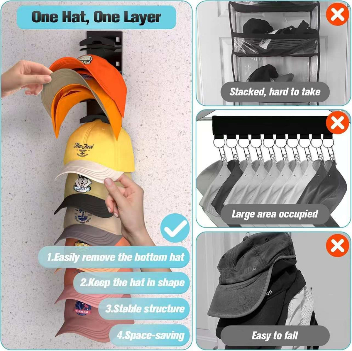 2-Pack 10-Tier Black Wall-Mounted Hat Rack shown holding colourful baseball caps in separate tiers for easy access and shape retention