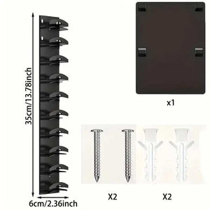 2-Pack 10-Tier Black Wall-Mounted Hat Rack, showing a slim black vertical rack with individual cap supports and mounting hardware